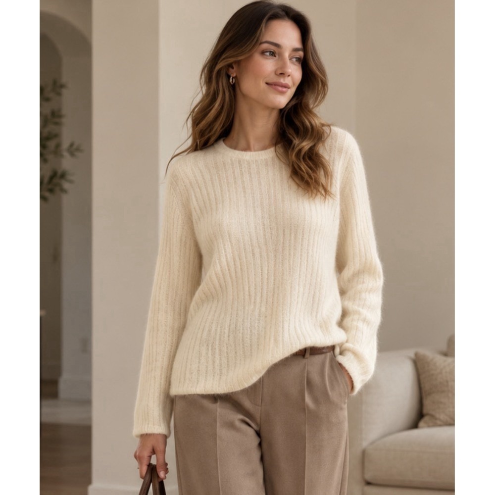 Rafaella Angora Lambswool Rabbit Sweater L Ribbed Knit Cream Fuzzy Quiet Luxury